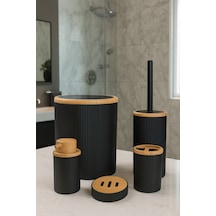 Makri Home 5 Parça Banyo Seti, Bambu Desen Siyah, Çöp Kovası, Fırçalık, Sıvı Sabunluk, Diş Fırçalık, Sabunluk Siyah