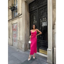 Askılı Saten Elbise İki Yan Yırtmaçlı - Fuşya Fuşya