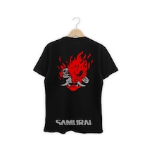 Erkek Siyah Cyberpunk Samurai Sırt Baskılı Tişört 2077 Siyah