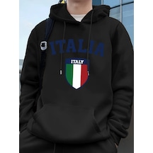 Startmore Tarzsokak İtalya Bayrağı Baskılı Erkek Kapüşonlu Sweatshirtleri Sonbahar Kış Cepli Sweatshirtler Temel Siyah
