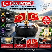Türk Bayrağı Tasarımlı Güneş Enerjili Torpido Üstü Araç Kokusu Metal Bayrak Pilsiz Solar Oto Koku Esans Koku Hediyeli 1 Adet