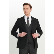 AC&Co / Altınyıldız Classics Erkek Siyah Antrasit Slim Fit Dar Kesim Mono Yaka Balıksırtı Desenli Kapak Cepli Yelekli Takım Elbise Siyah Antrasit Siyah