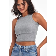 Comeor Kadın Gri Fitilli Görünümlü Askılı Kalın Esnek Örme Basic Crop Atlet Bluz Cmrb93
