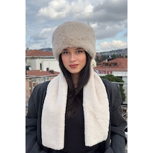 Mollycrush Peluş Rus Tarzı Kalpak Atkı 2'li Set Kadın Kışlık Suni Bej 2'li Takım Bej