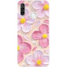 Huawei P30 Lite Uyumlu Pembe Beyaz Çiçekler Sulu Boya Baskılı Silikon Kılıf Renkli