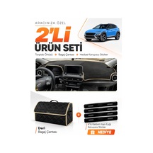 Hyundai Kona 2020-2022 Uyumlu Torpido Örtüsü + Deri Bagaj Çantası + Sticker Seti - Siyah Bej