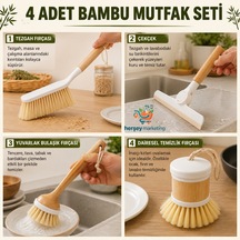Mutfak Bambu Seti 4 Parça Pratik Temizlik Seti Tabak Yıkama Bardak Yıkama Tezgah Çekçek Süpürge Ahşap Bambu Saplı