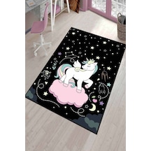 Siyah Kaymaz Tabanlı Yıkanabilir Unicorn Çocuk Halısı Ar783n11