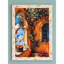 Ahşap Eskitme Çerçeve Desenli Akdeniz Evi Ve Portakal Ağacı Temalı Dekoratif Ahşap Tablo 52x72 Cm