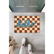Rugmood Modern Dijital Baskı Paspas - Hello Yazılı Bej & Kahve Kareli Şık Kapı Önü Paspası