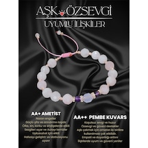 Sertifikalı Aa++ Pembe Kuvars, Ametist Ve Lavander Ametist Doğal Taşlı Çelik Bileklik Pembe