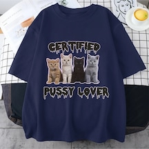 Flood Of Style Komik Sertifikalı Kedi Sevgilisi Meme Kedi Grafik T Shirt Unisex Moda Kawaii T-shirt Sokak Ra Lacivert
