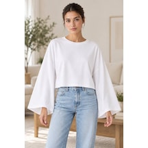 Genel Markalar Kadın Oversize Crop Geniş Kollu Basic Sweatshirt Beyaz
