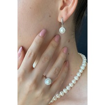 7,5 Mm Kadın Yuvarlak Taşlı Doğal İnci Küpe Kolye Yüzük Bileklik Dörtlü Set 17 Gümüş