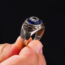 925 Ayar Yuvarlak Mavi Taşlı Gümüş Erkek Yüzük Gümüş