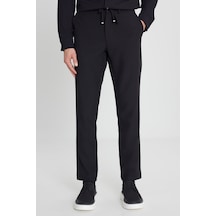 Erkek Sıyah Slim Fit Dar Kesim Beli Bağlamalı Gofre Desenli Yan Cepli Casual Pantolon Siyah