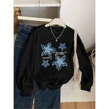 Uyguntarz Unisex Yildizlar Baskılı Oversize Sıfır Yaka siyah