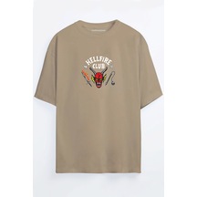 Hellfire Club Baskılı Unisex Siyah - Turuncu - Bej Oversize T-shirt Bej