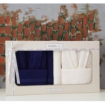 Özdilek Krem Lacivert Branch Aile Bornoz Seti Krem