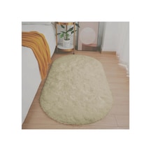 Bej Oval Post Halı Kesme Yolluk Peluş Yumuşak Kaymaz Dot Taban
