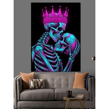 Ahşap Tablo Neon Işıklı İskelet Aşkı Portresi