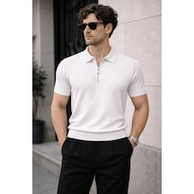 Cool Tarz Erkek Fermuarlı Polo Yaka Triko Tişört Slim Fit Dokulu Yazlık Şık Casual Beyaz Beyaz