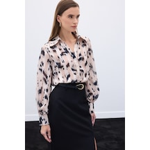 Sateen Geniş Manşetli Desenli Gömlek - Bej-136584 Bej