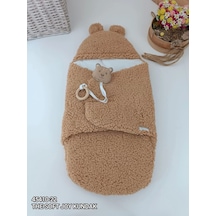 Yenidoğan Kulaklı Şapkalı Açılır Kucaklı Cırt Kapamalı Bebek Battaniyesi Kundak Kahverengi Kahverengi