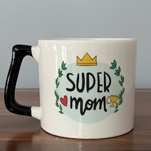 Super Mom Yazı Baskılı Siyah Kulplu D Kupa