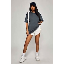 Flood Of Style Kadın Oversize Basic Kısa Kollu Bisiklet Yaka Gri