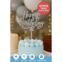 Gümüş Taşlı Happy Birthday Pasta Süsü Parlak Metal Yazı, Işıltılı Doğum Günü Dekoru