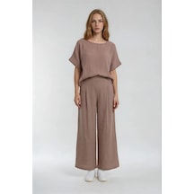 Vitrin Beli Lastikli Geniş Paça Keten Pantolon Camel