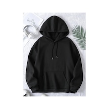 Tarzsokak Düz Renkli Baskılı Oversize Kapüşonlu Sweatshirt Siyah