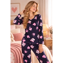 Free Beka Bisiklet Yaka Şık Desenli Rahat Ve Esnek Kumaş Uzun Kollu Kadın Pijama Takımı Siyah