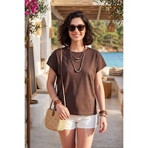 Lela Pamuklu Rahat Kalıp Bisiklet Yaka T Shirt Bayan T Shirt 5866955 Kahve