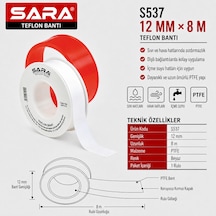 Sara S537 Teflon Bant 12 Mm X 8 M, Ptfe, Beyaz, 10 Lu Paket