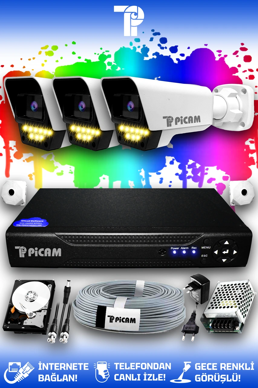 Picam 3 Kameralı Süper 3 Dış Kamera Set 250 GB 5 MP 2K Net Renkli Gece Görüşlü Güvenlik Kamerası Sistemi