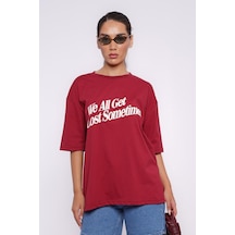 Bordo Baskılı Oversize Tişört Mg1532