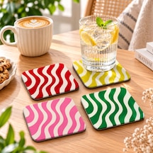 4'lü Dalgalı Desenli Bardak Altlığı Seti Mdf Dekoratif Kahve Ve Çay Bardak Altlığı Renkli Kare Masa Koruyucu Çok Renkli