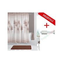 Kahverengi Ağaç Desenli Boru Hediyeli Banyo Perdesi Kahverengi