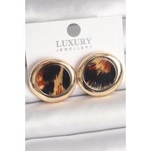 Pirinç Gold Renk Leopar Desen Daire Model Kadın Küpe