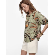 Koton Viskon Bağcıklı Yuvarlak Yaka Karpuz Kollu Floral Oversize Bluz Yeşil Desenli 6sak60215ew