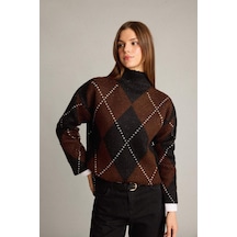 Defacto Overshirt Fit Yarım Balıkçı Yaka Baklava Desenli Triko Kazak G7522ax25wnbn214 Kahve-bn214