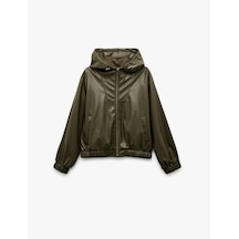Koton Fermuarlı Cepli Uzun Kollu Kapüşonlu Crop Suni Deri Bomber Ceket Yeşil 6wak20016ew Yeşil