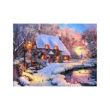 Turuncu  Elmas Boyama Kar Kış Manzarası Elmas  Mozaik Resim 20x30cm
