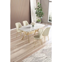 Canisa Lena Serisi 90x160 Lak Panel Beyaz Mermer Desen Gold Kaplama Ayaklı Masa Takımı Ve 4 Krem Sandalye Beyaz Mermer Desen Masa,krem Sandalye