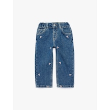 Koton Pamuklu Fiyonk Nakış Detaylı Denim Pantolon Orta İndigo 7wmg40001ad