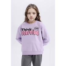 DeFacto Kız Çocuk Relax Fit Bisiklet Yaka Baskılı İçi Yumuşak Tüylü Sweatshirt D1552A824WNPR251 Mor