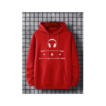 Medinenur Kulaklık Baskılı Kapüşonlu Cepli Sweatshirt Kırmızı