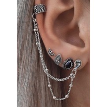 Lunarie Gümüş Kaplama Siyah Taşlı Vintage Ear Cuff Seti Küpe